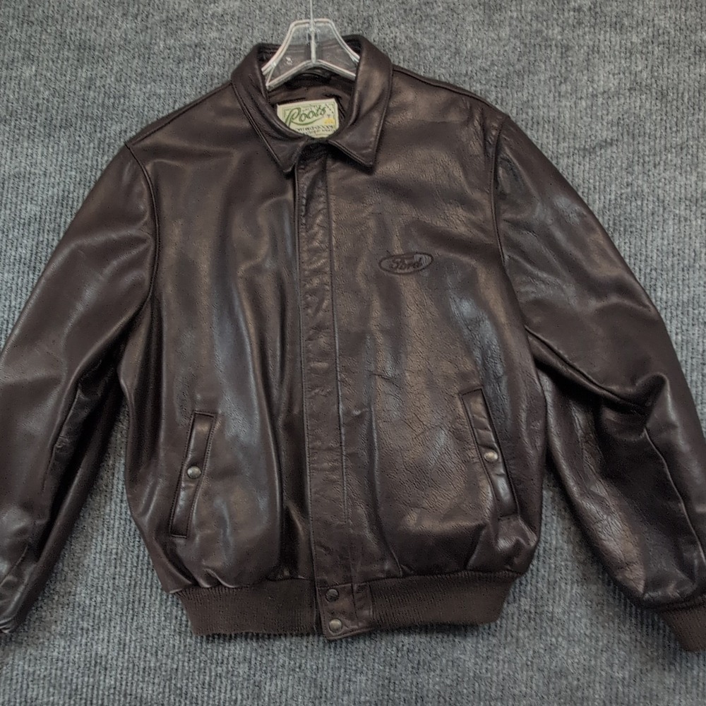 FORD Roots Men's Brown Leather Bomber Jacket XL Ford Logo Lined Snap Closure